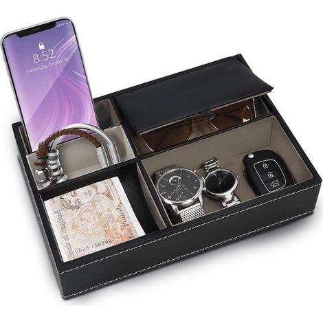 Bandeja organizadora de mesita de noche de piel sintética con 5 compartimentos，Caja de almacenamiento de escritorio para ferias comerciales，negro (1/4)