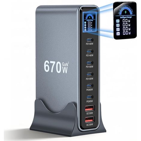 Chargeur USB C 670 W, 8 ports pour ordinateur portable (6C + 2 A), bloc d'alimentation rapide GaN, adaptateur secteur 140 W, compatible avec MacBook Pro/Air, iPhone 17/16/15, Galaxy S25, etc (1/5)
