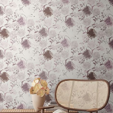 Papier peint floral sur fond argent Tapisserie cottage à fleurs mauves Papier peint style campagne idéal pour chambre (1/5)