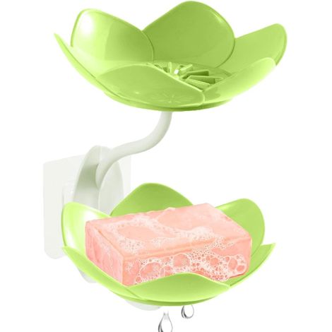 Porte-savon double mural sans perçage, en forme de fleur, avec bac de récupération pour savonnettes de salle de bain et douche. Fixation murale sans perçage. (1/5)
