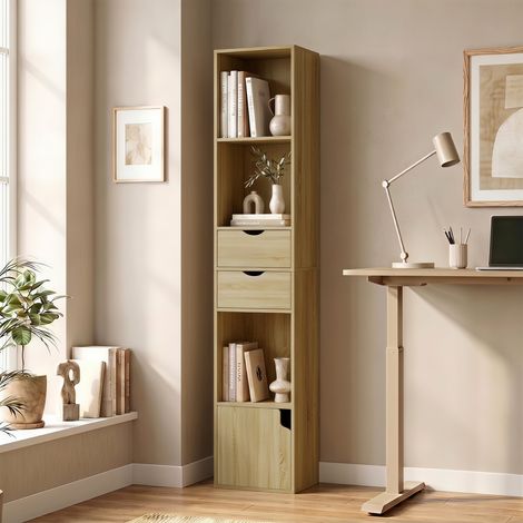 Bibliothèque 6 tablettes avec tiroir, porte, tablettes ouvertes, 30x24x158 cm, chêne (1/5)