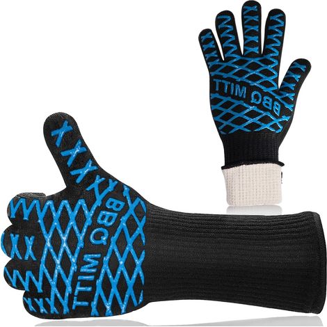 Gants de cuisine professionnels résistants à la chaleur - Prise antidérapante pour griller, cuire au four et frire, protection extra longue, 1 paire, bleus (1/4)