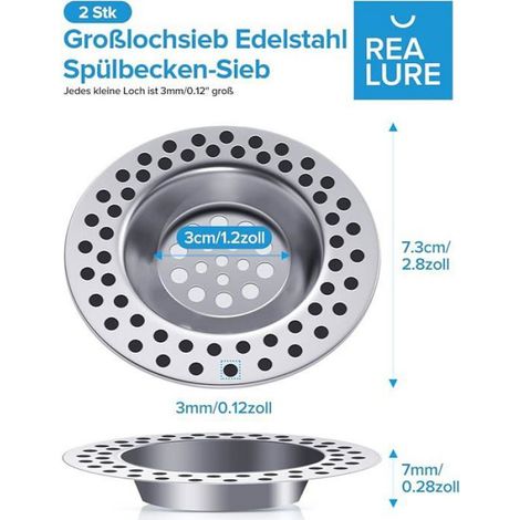Filtre Evier - Filtre Lavabo - 6 Pièces Acier Inoxydable - Pour Cuisine et Salle de Bain - Diamètre 7 à 7,8 cm - Trou 2 à 3 mm - Lot de 6 (1/5)