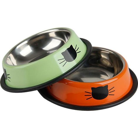 Gamelle pour animaux en acier inoxydable avec base antidérapante, orange et verte. (1/4)