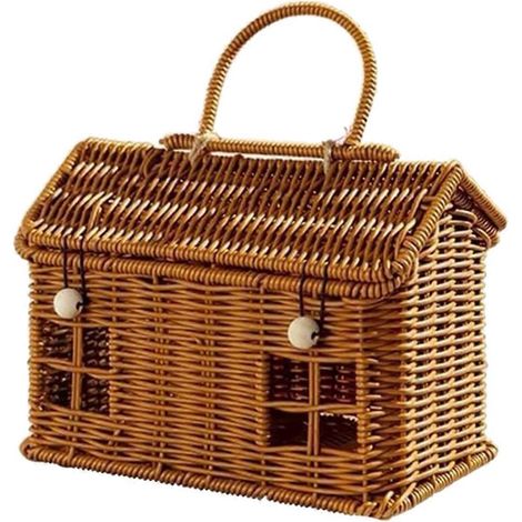 Panier en rotin en forme de maison avec couvercle, panier en osier de récolte-- (1/5)