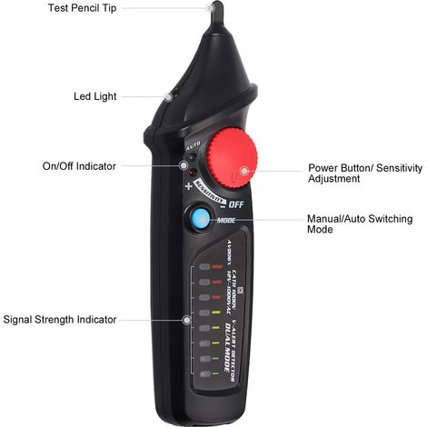 Testeur de tension de contact sans testeur de tension électrique AC 12V-1000V/48V-1000V Mode automatique/manuel double testeurs électriques avec LED Lampe de Poche Rouge (1/4)