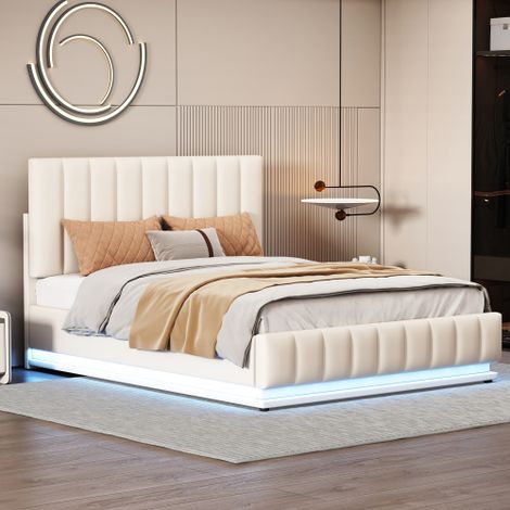 Lit double rembourré 140 x 200 cm avec LED, sommier à lattes et coffre de lit hydraulique, avec tête de lit rembourrée réglable en hauteur, beige (1/5)