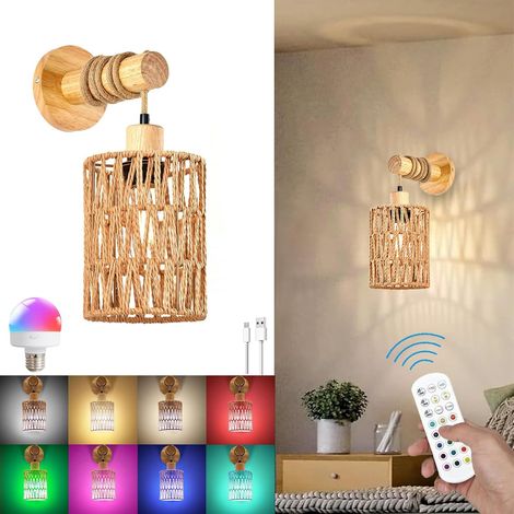 Applique Murale Interieure E27 Lampe Murale Sans Fil Rechargeable USB avec Télécommande Bois Vintage Lampe Murale RGB Applique Lampes Bohème Rotin Pour Chambre Chevet Couloir Salon (1/5)