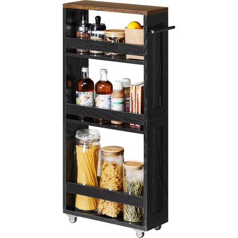 Chariot de Rangement Fin à 4 Niveaux, Étagère de Cuisine avec roulettes, avec Poignée, Petit Espace, 15 x 43,2 x 86,5 cm, Salle de Bain, Buanderie, Noir Boisé et Marron Rustique LRC050K02 (1/5)