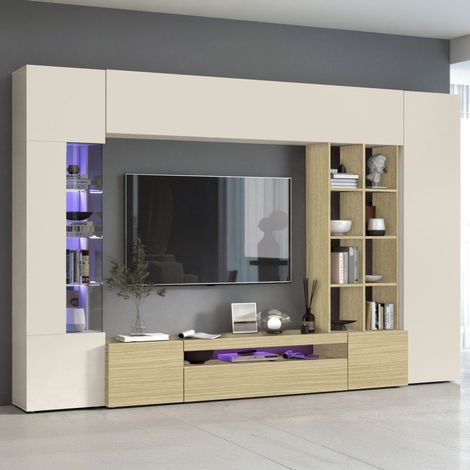 Pared Modular Arena, Mueble Salón 14 Estantes, Puerta Abatible Made in Italy, 24 Compartimentos, 290x40x191.2h cm Roble Marrón (1/5)
