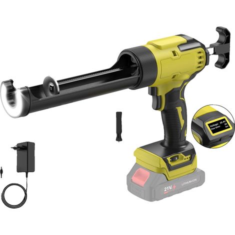 Pistola de pegamento, ajustable a 6 velocidades, luz LED, una batería (amarilla). (1/2)