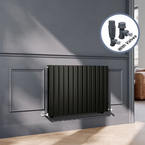 ELEGANT Black Flat Panel Central Heating Radiator with Anthracite Angled Thermostatic Radiator Valves 600 x 884mm Horizontal Double Panel Rads (1/5)