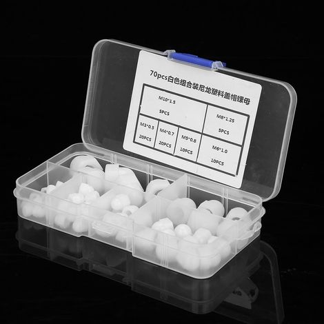 Kit de 70 écrous borgnes en nylon M3/M4/M5/M6/M8/M10 à tête bombée et à six pans creux (blancs)