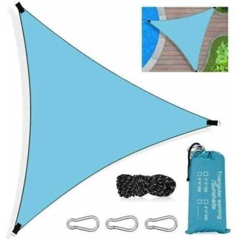 Voile d'ombrage triangulaire, tissu d'ombrage triangulaire imperméable de protection UV avec corde, mousqueton et sac de rangement pour cour, jardin, terrasse, piscine extérieure (bleu) (1/4)