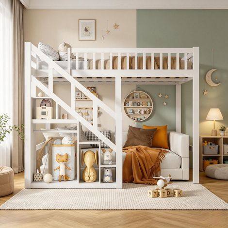 Lit mezzanine 140x200,Lit superposé enfant,Lit mezzanine 2 places,escalier rangéable,barrière motifs étoiles,bois massif,Blanc (1/5)