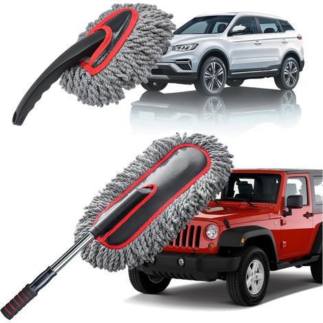 Autostaubentferner-Set, 2-teilige, kratzfeste Mikrofaser-Autostaubbürsten, geeignet für die Fahrzeug- und Haushaltsreinigung, hellgrau.