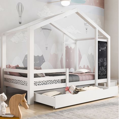Letto a casetta per bambini 90x200 cm in legno con lavagna e 2 cassetti, bianco, senza materasso (1/5)