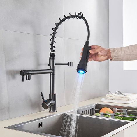 Grifo de cocina ORB de latón, mezclador de dos chorros con rociador extraíble flexible y giratorio, caño alto, grifo de fregadero de latón duradero con rociador extraíble (1/5)