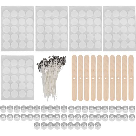 100 pièces mèches bougie 15cm, 50 coques cire, 10 supports mèches bois, autocollants double face (coques aluminium 23g, fond blanc) (1/5)