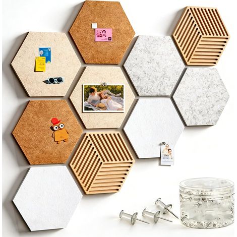 10er-Pack sechseckige Filz-Pinnwände, 30 x 25 cm, selbstklebend, inklusive 50 Pins, selbstklebend, aus Kork, für Büro, Zuhause und Schule (1/5)