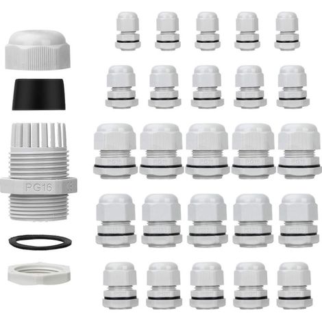 25er-Pack wasserdichte Kabelverschraubungen – verstellbar – PG7, PG9, PG11, PG13,5, PG16 – Kabelverbinder – Füllmuttern – Kunststoffdichtungen mit Unterlegscheibe – Weiß – DOLASO (1/5)