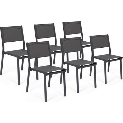 Idmarket – Lot de 6 chaises de jardin empilables en métal et textilène gris anthracite – Assise confortable – Structure robuste – Dimensions 46,5x55,5x84cm