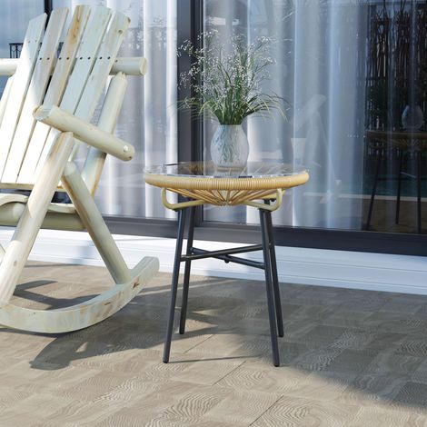 Outsunny mesa auxiliar de ratán sintético mesa de centro redonda para exteriores con tablero de vidrio templado y patas de metal para jardín Ø50x50 cm (1/5)