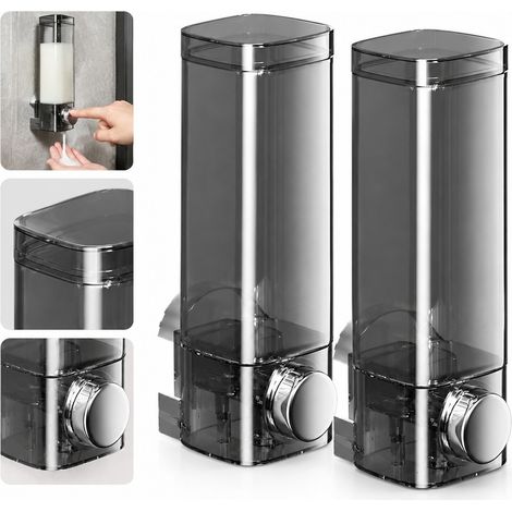 Lot de 2 Distributeur de Savon Mural Transparent Gris 450 ml, Plastique, 8,6 x 7,5 x 22,5 cm, Fixation Sans Percage Salle de Bain et Douche (1/5)
