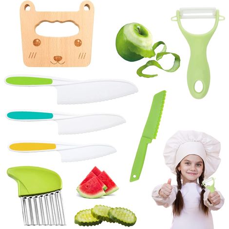 Cuchillo Infantil - Laminas No Cortantes En Plastico Abs Y Mango De Madera - Para Frutas Verduras Queso - 7 Piezas (1/5)