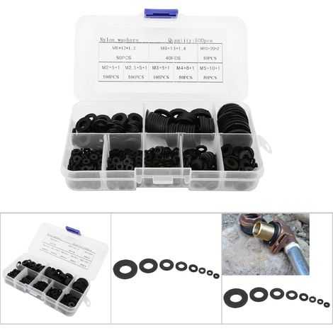 Lot de 500 rondelles en nylon noires M2 M2.5 M3 M4 M5 M6 M8 M10 en boîte pour matériel de fixation et accessoires (1/5)