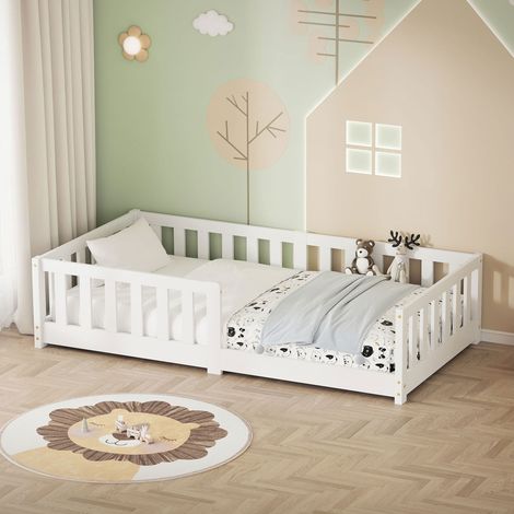 ML-Design Kinderbett 80x160 cm, Weiß, Bodenbett für Kinder mit Lattenrost und Rausfallschutz, Jugendbett aus massivem Kiefernholz, Bettgestell für Jungen und Mädchen, Holzbett Babybett Einzelbett (1/5)