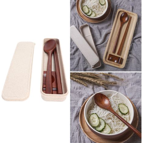 Ensemble de 4 pièces en bois comprenant baguettes, cuillère et repose-mains, avec boîte. Couverts portables pour l'école et le bureau. (1/5)