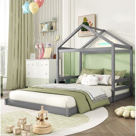 Hausbett Kinderbett 140x200 cm aus Kiefer und MDF grau mit Lattenrost (1/5)