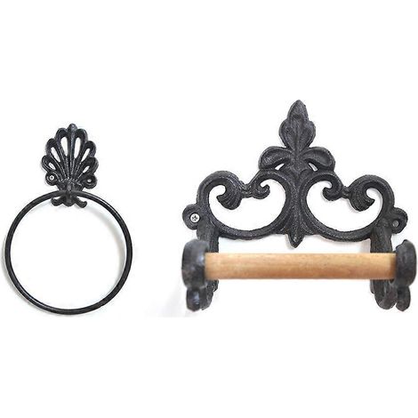 Ensemble porte-rouleau de papier toilette et porte-serviettes noir, anneau porte-serviettes mural en fonte, design vintage (1/5)