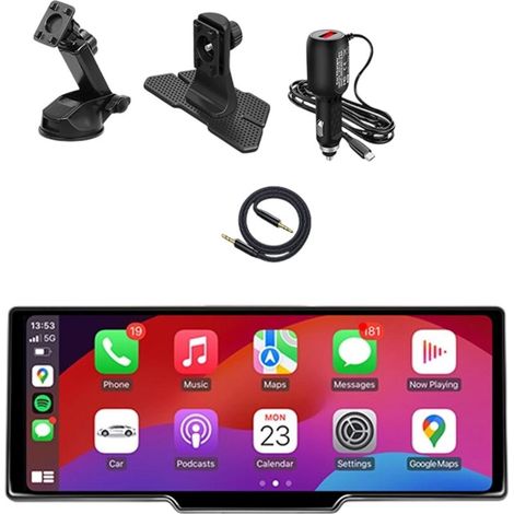 10,26 Pouces Stéréo de Voiture Portable avec Apple Carplay/Android Auto/Airplay/Miracast, écran Tactile 7-32V, Assistant Vocal de Caméra Arrière/Bluetooth/Transmetteur FM/AUX/TF Carte