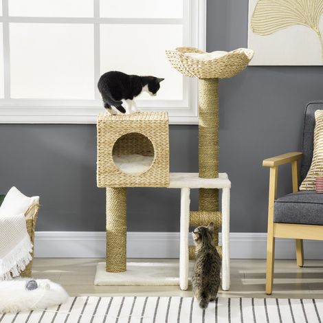 Arbre à chat de 100,5 cm de haut avec niche, couchage et escalier, griffoirs en sisal et coussins pour petits chats, couleur naturelle (1/5)