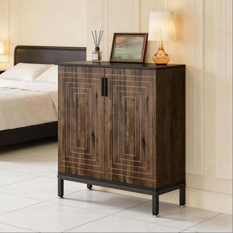 Meuble à chaussures en MDF noir et brun clair 80 x 38 x 95 cm, 2 portes, 5 tablettes intérieures amovibles (1/5)