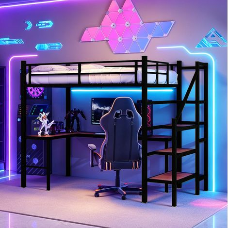 Lit mezzanine 90x190 cm avec bureau en L et étagères, en métal noir, sans matelas (1/5)