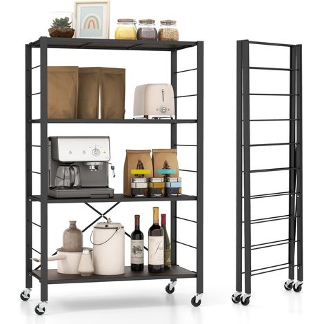 COSTWAY Estantería Plegable de Almacenaje de 4 Niveles, Estante Industral con Ruedas Bloqueables,76 x 36 x 122 cm, Unidad de Almacenamiento para Garaje, Cocina, Sala de Estar (1/5)