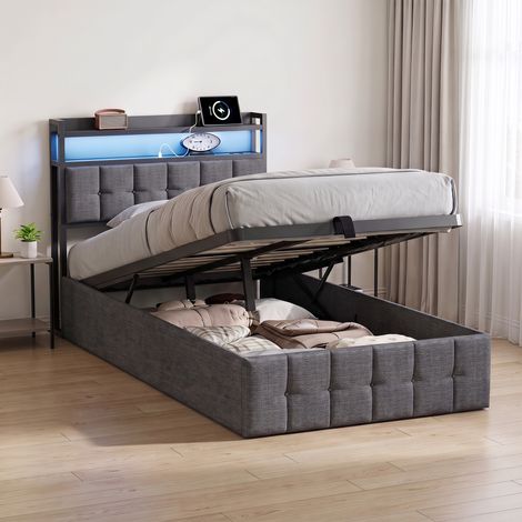 Lit coffre 90x200 cm, sommier à lattes, tête de lit avec rangement LED et ports USB, lit simple capitonné, lin, Gris foncé (1/5)