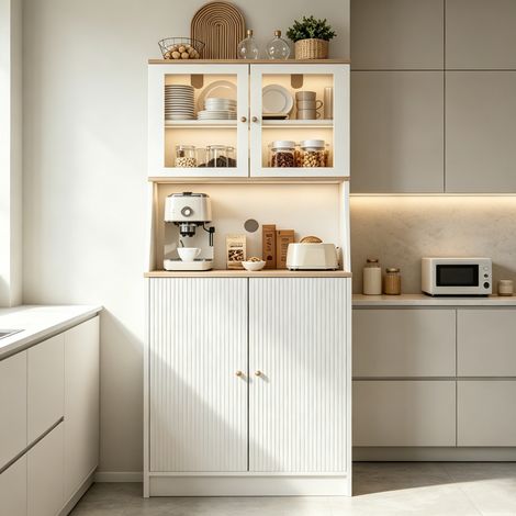 Buffet de cuisine 70 x 40 x 180 cm avec LED réglable, 4 portes, Plan de Travail ouvert, Armoire de Cuisine avec Étagères Réglables, Blanc (1/5)