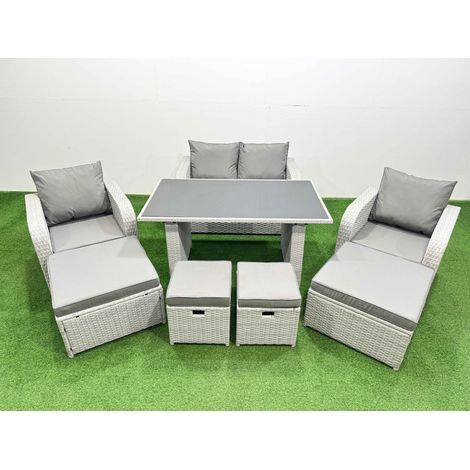 Fimous 8 Seater Patio Garden Furniture Sets with Dining Table Love Sofa 4 Stools Light Grey (1/4)
