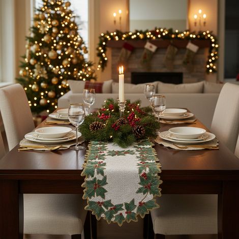 EDG Enzo De Gasperi Runner Agrifoglio Natale con Perle L 90 Cm L 30 Cm White Green