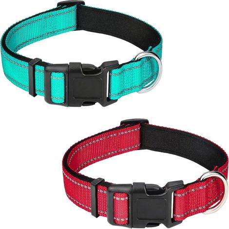 Lot de 2 colliers réfléchissants réglables, nylon souple rembourré néoprène, pour chiots et petits animaux, turquoise/rouge (XS)