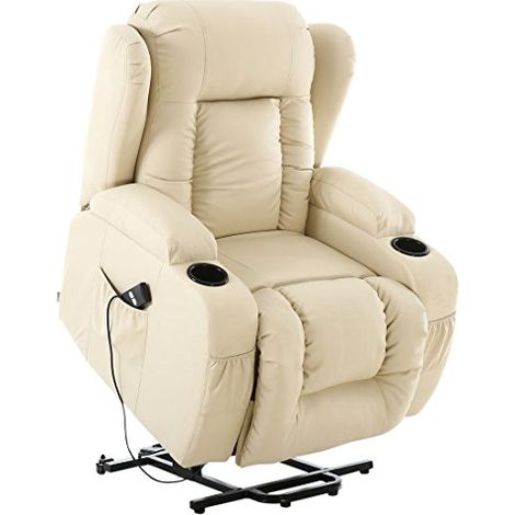 CAESAR ELECTRIC RISE RECLINER WINGED LEATHER ARMCHAIR MASSAGE HEATED CHAIR (Cream)