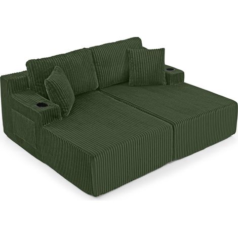 Canapé 2 places en corduroy vert avec porte-revues latéral et porte-gobelet multifonctionnel (1/5)