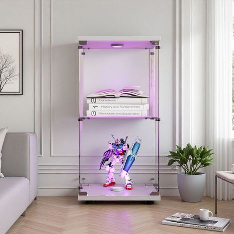 Vitrine en verre, avec LED, 2 Étagères, Armoire de Présentation pour Salon, vitrine pour collection, 86 x 40 x 36cm, Blanc (1/5)