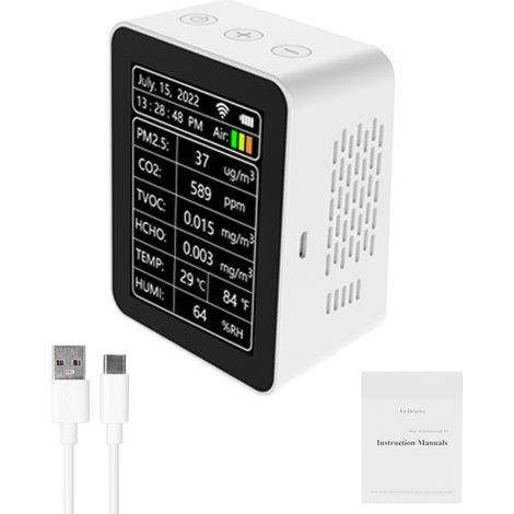 Irovami Détecteur qualité air 7 en 1 – PM2.5/CO2/TVOC/HCHO/T°C/humidité/IQA, app, télécommande – Idéal pour maison, bureau, intérieur (1/5)