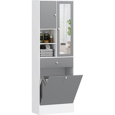 Meuble salle de bain gris blanc 62x28,3x181cm miroir étagère réglable panier à linge rangement WC