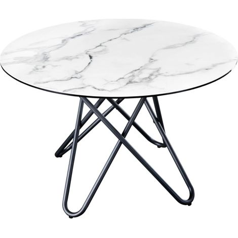 Esstisch BAUMA 120 cm – Runde Tischplatte aus Keramik in Marmoroptik weiß und Metallbeine – Moderner schicker Stil